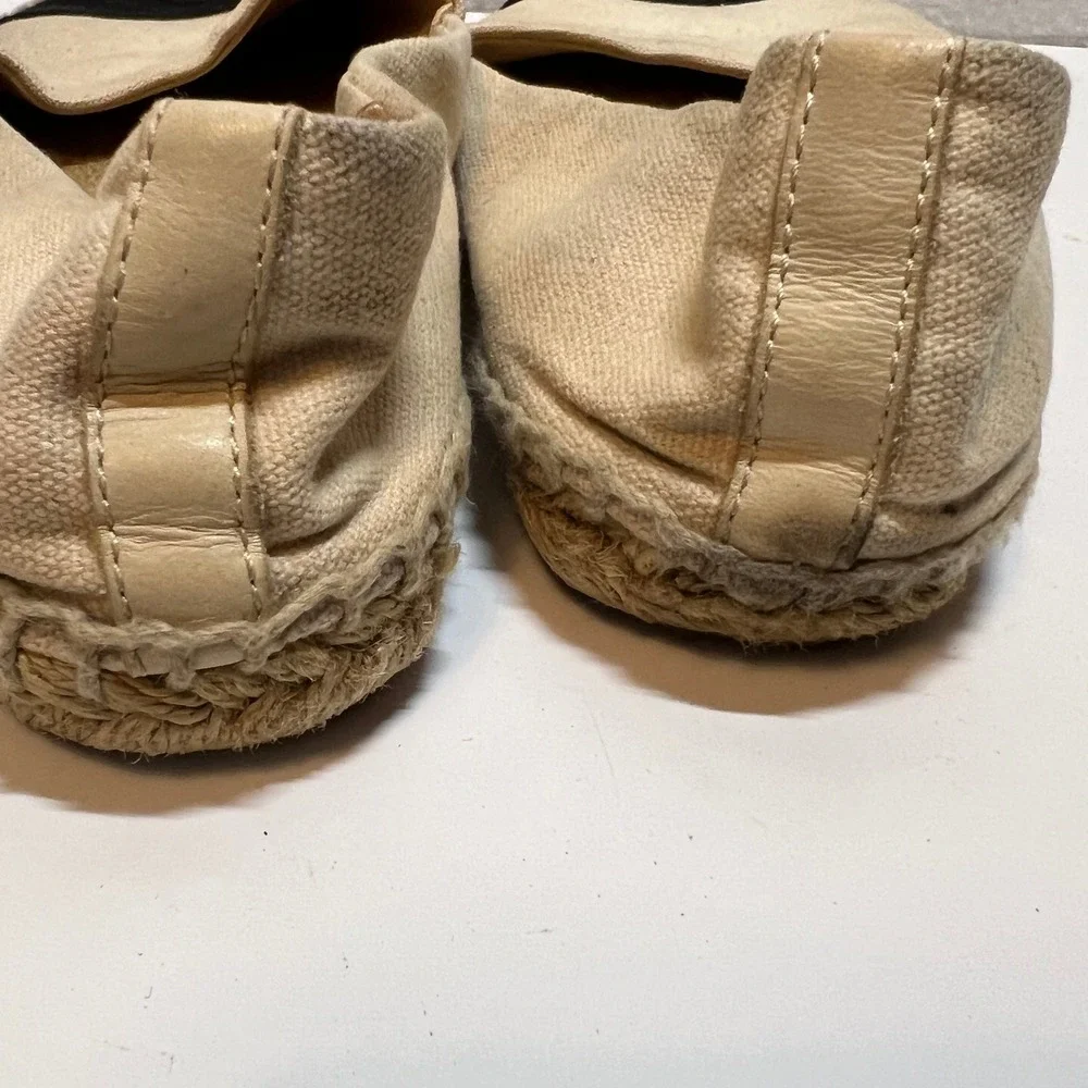 Tory Burch Espadrille Flats Black Toe Cap Beige Canvas Slip On Shoes‎ Size 8.5
